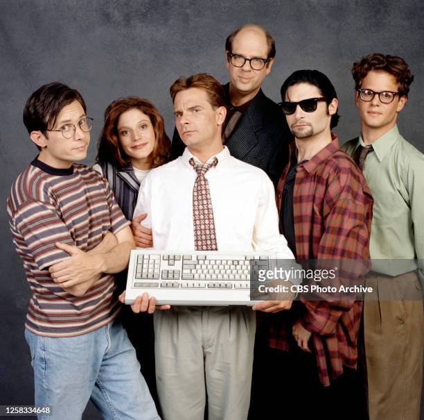 Dweebs, A CBS comedy series. Left to right, David Kaufman ; Farrah Forke ; Peter Scolari ; Stephen Tobolowsky ; Corey Feldman and Adam Biesk . 1995.