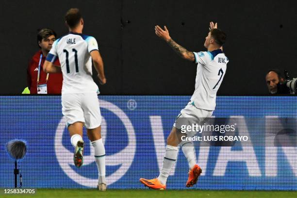 England's midfielder Alfie Devine celebrates after scoring his team's first goal during the Argentina 2023 U-20 World Cup round of 16 football match...