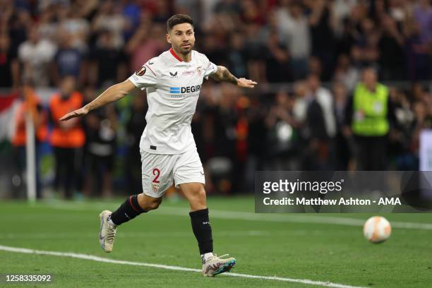 Gonzalo Montiel of Sevilla celebrates after scoring the winning penalty during the shoot out during the UEFA Europa League 2022/23 final match...