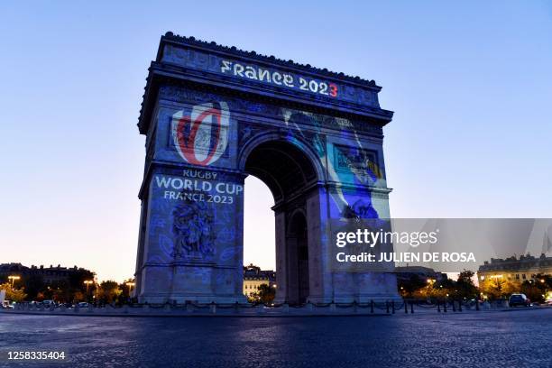 The logo of the France 2023 Rugby World Cup is projected on Arc de Triomphe to mark 100 days before the start of the competition, in Paris, on May...
