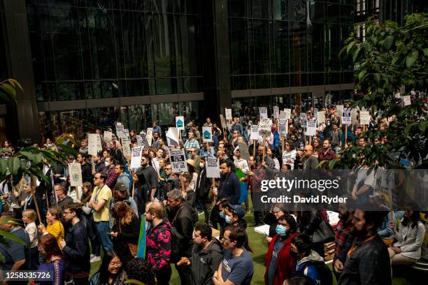 Amazon workers gather for a rally during a walkout event at the company's headquarters on May 31, 2023 in Seattle, Washington. The protest action was...