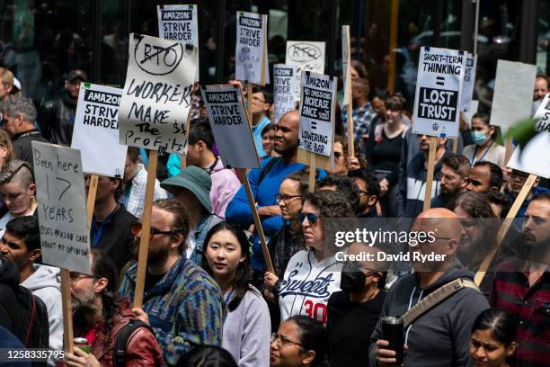 Amazon workers gather for a rally during a walkout event at the company's headquarters on May 31, 2023 in Seattle, Washington. The protest action was...