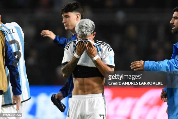 Argentina's forward Juan Carlos Gauto reacts after losing against Nigeria during the Argentina 2023 U-20 World Cup round of 16 football match between...