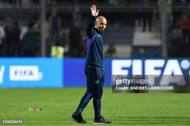 Argentina's coach Javier Mascherano waves after losing against Nigeria during the Argentina 2023 U-20 World Cup round of 16 football match between...