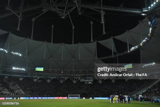 Players and staff of England squad huddle at the end of the match after being knocked out following a FIFA U-20 World Cup Argentina 2023 Round of 16...