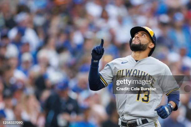 Abraham Toro of the Milwaukee Brewers runs out a two-run home run in the second inning of their MLB game against the Toronto Blue Jays at Rogers...