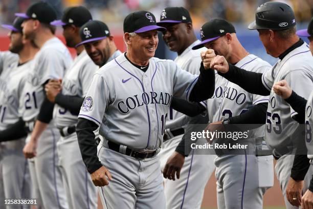 Bud Black of the Colorado Rockies is introduced prior to the game between the Colorado Rockies and the San Diego Padres at Petco Park on Thursday,...