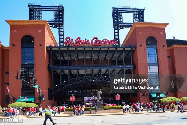 General view of the exterior of Busch Stadium prior to the game between the Toronto Blue Jays and the St. Louis Cardinals at Busch Stadium on...