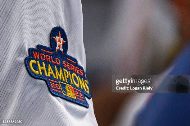 Detail photo of World Series patch during the game between the Chicago White Sox and the Houston Astros at Minute Maid Park on Thursday, March 30,...