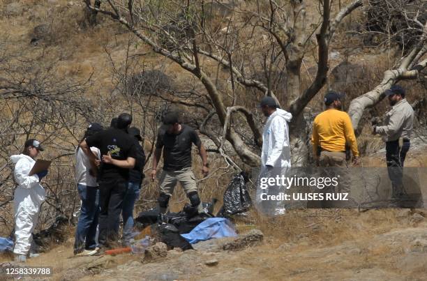 Forensic experts work with several bags of human remains extracted from the bottom of a ravine by a helicopter, which were abandoned at the Mirador...