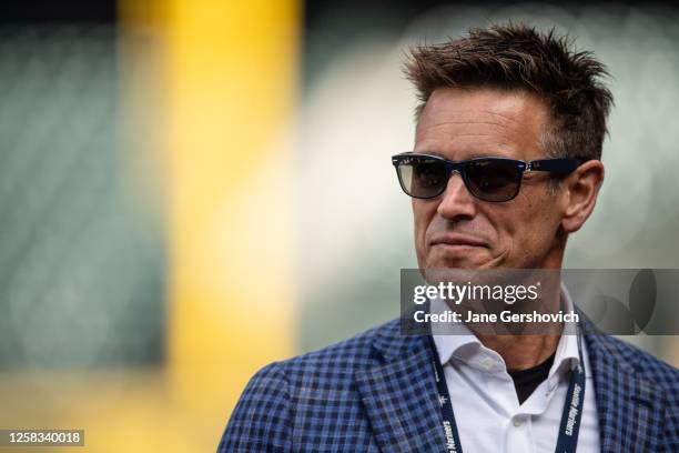 General manager Jerry Dipoto of the Seattle Mariners looks on prior to the game between the Cleveland Guardians and the Seattle Mariners at T-Mobile...