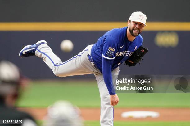 Jordan Lyles of the Kansas City Royals pitches during the game between the Kansas City Royals and the Milwaukee Brewers at American Family Field on...