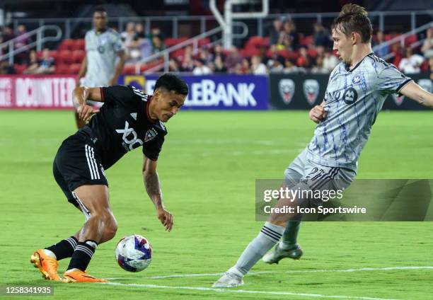 United midfielder Andy Najar cuts past CF Montréal midfielder Lassi Lappalainen during a MLS game between DC United and CF Montreal, on May 31 at...