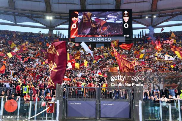 The fans of the A.S. Roma as they watch the 2022/23 UEFA Europa League Final between Sevilla F.C. Against AS Roma at Stadio Olimpico on May 31, 2022...