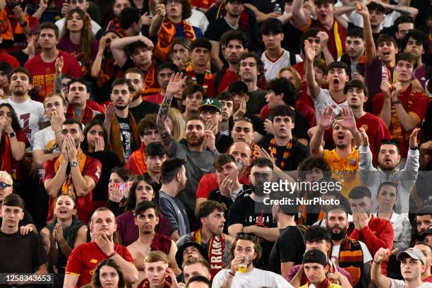 The fans of the A.S. Roma as they watch the 2022/23 UEFA Europa League Final between Sevilla F.C. Against AS Roma at Stadio Olimpico on May 31, 2022...