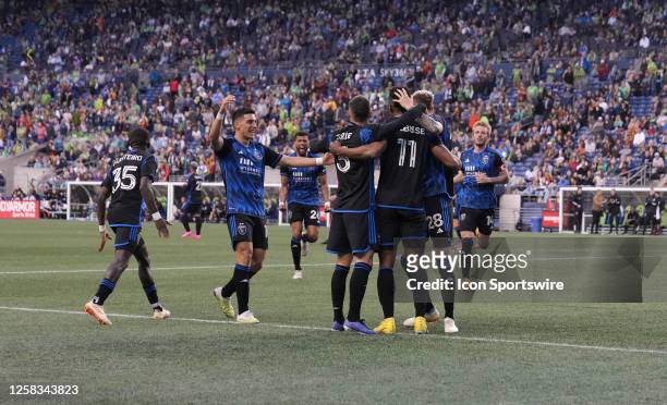 The San Jose Earthquakes celebrate a 2nd half goal during a MLS matchup between the San Jose Earthquakes and the Seattle Sounders on May 31, 2023 at...