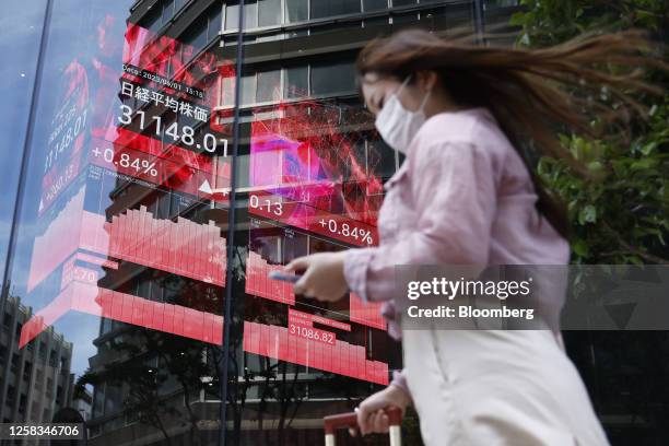 An electronic stock board showing the Nikkei 225 Stock Average figure displayed inside the Kabuto One building in Tokyo, Japan, on Thursday, June 1,...