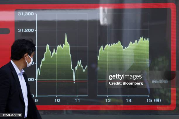 An electronic stock board displaying a graph of the Nikkei 225 Stock Average's movements outside a securities firm in Tokyo, Japan, on Thursday, June...