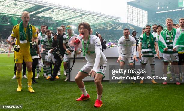 Kyogo Furuhashi after a cinch Premiership match between Celtic and Aberdeen at Celtic Park, on May 27 in Glasgow, Scotland.