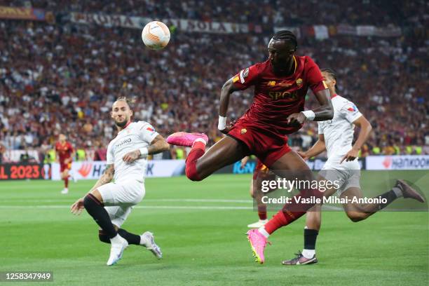 Tammy Abraham of AS Roma passes the ball during the UEFA Europa League 2022/23 final match between Sevilla FC and AS Roma at Puskas Arena on May 31,...