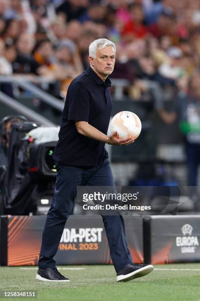 Jose Mourinho Head Coach of AS Roma looks on during the UEFA Europa League 2022/23 final match between Sevilla FC and AS Roma at Puskas Arena on May...