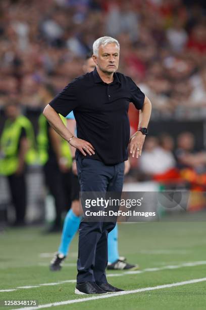 Jose Mourinho Head Coach of AS Roma looks on during the UEFA Europa League 2022/23 final match between Sevilla FC and AS Roma at Puskas Arena on May...