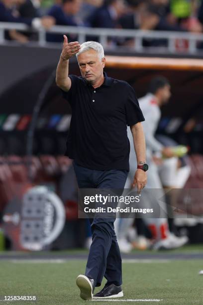 Jose Mourinho Head Coach of AS Roma gestures during the UEFA Europa League 2022/23 final match between Sevilla FC and AS Roma at Puskas Arena on May...