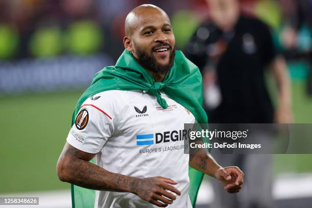 Marcao of Sevilla FC celebrates during the award ceremony after the UEFA Europa League 2022/23 final match between Sevilla FC and AS Roma at Puskas...