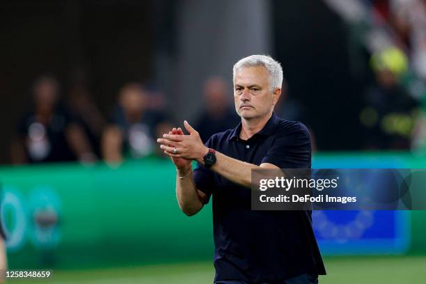 Head coach Jose Mourinho of AS Roma looks dejected after the UEFA Europa League 2022/23 final match between Sevilla FC and AS Roma at Puskas Arena on...