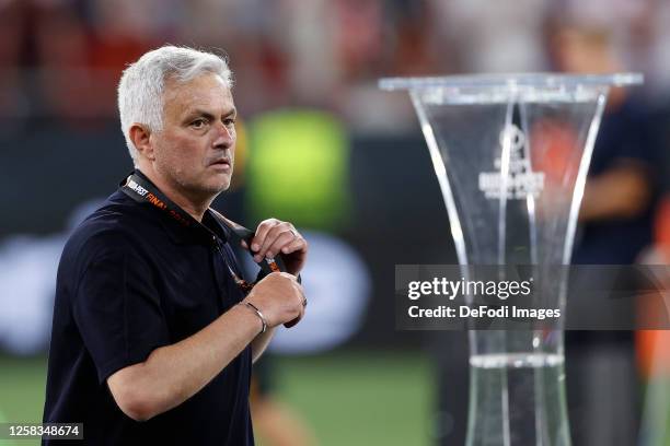 Jose Mourinho Head Coach of AS Roma looks dejected during the award ceremony after the UEFA Europa League 2022/23 final match between Sevilla FC and...