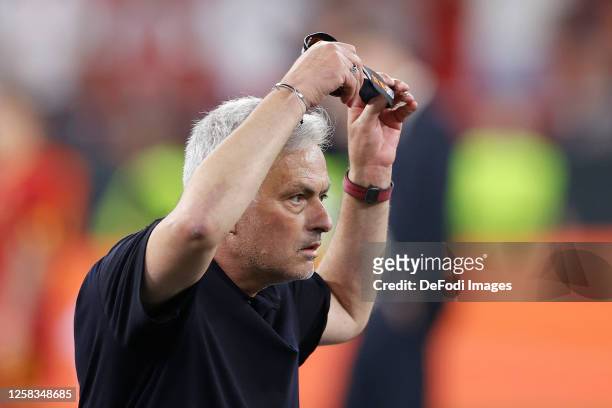 Jose Mourinho Head Coach of AS Roma looks dejected during the award ceremony after the UEFA Europa League 2022/23 final match between Sevilla FC and...