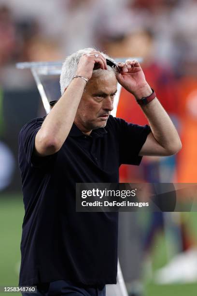 Jose Mourinho Head Coach of AS Roma looks dejected during the award ceremony after the UEFA Europa League 2022/23 final match between Sevilla FC and...