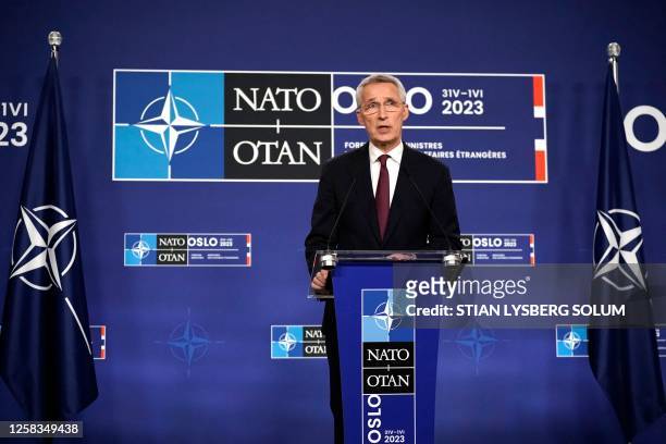 Secretary General Jens Stoltenberg attends a press conference at the National Museum after an informal meeting of NATO Foreign Affairs Ministers in...