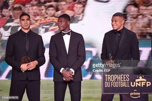 Achraf HAKIMI - 25 Nuno Alexandre TAVARES MENDES - 07 Kylian MBAPPE during the ceremony for the UNFP Trophies on May 28, 2023 in Paris, France.