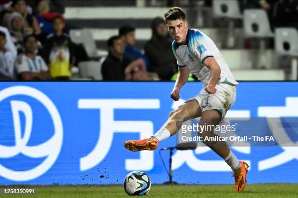 Alex Scott of England plays the ball during a FIFA U-20 World Cup Argentina 2023 Round of 16 match between England and Italy at Estadio La Plata on...