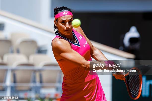 Carolina Garcia of France in action against Anna Blinkova during their Singles First Round Match on Day Four of the 2023 French Open at Roland Garros...