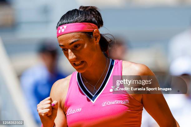 Carolina Garcia of France celebrates a point won against Anna Blinkova during their Singles First Round Match on Day Four of the 2023 French Open at...