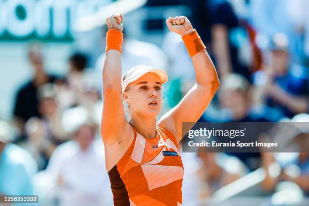 Anna Blinkova celebrates after winning Carolina Garcia of France during their Singles First Round Match on Day Four of the 2023 French Open at Roland...