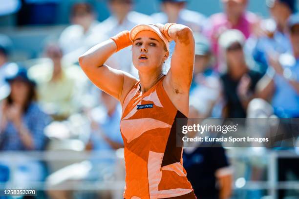 Anna Blinkova celebrates after winning Carolina Garcia of France during their Singles First Round Match on Day Four of the 2023 French Open at Roland...