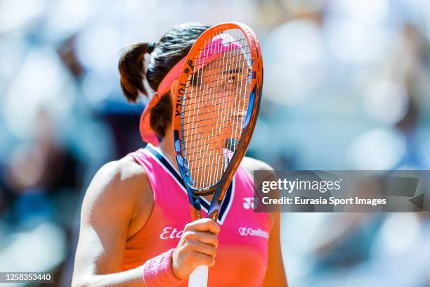 Carolina Garcia of France celebrates a set won against Anna Blinkova during their Singles First Round Match on Day Four of the 2023 French Open at...