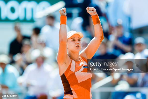Anna Blinkova celebrates after winning Carolina Garcia of France during their Singles First Round Match on Day Four of the 2023 French Open at Roland...