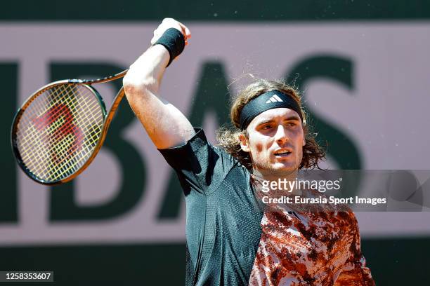 Stefanos Tisitsipas of Greece plays a forehand against Robert Carballes of Spain during their Singles First Round Match on Day Four of the 2023...