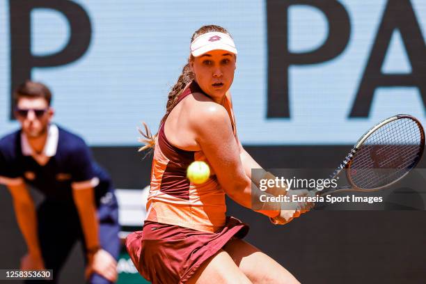 Anna Blinkova in action against Carolina Garcia of France during their Singles First Round Match on Day Four of the 2023 French Open at Roland Garros...