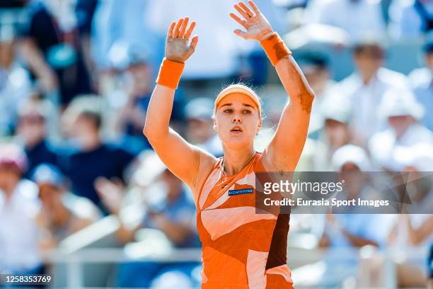 Anna Blinkova celebrates after winning Carolina Garcia of France during their Singles First Round Match on Day Four of the 2023 French Open at Roland...
