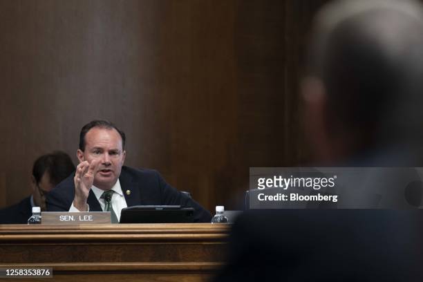 Senator Mike Lee, a Republican from Utah, speaks during a Senate Energy and Natural Resources committee hearing in Washington, DC, US, on Thursday,...
