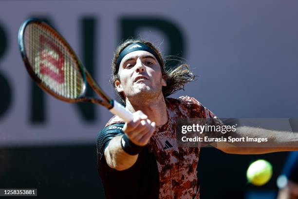 Stefanos Tisitsipas of Greece in action against Robert Carballes of Spain during their Singles First Round Match on Day Four of the 2023 French Open...