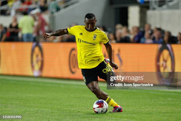 Columbus Crew defender Jimmy Medranda crosses the ball into the box during the second half in a game against the Colorado Rapids on May 31 at...