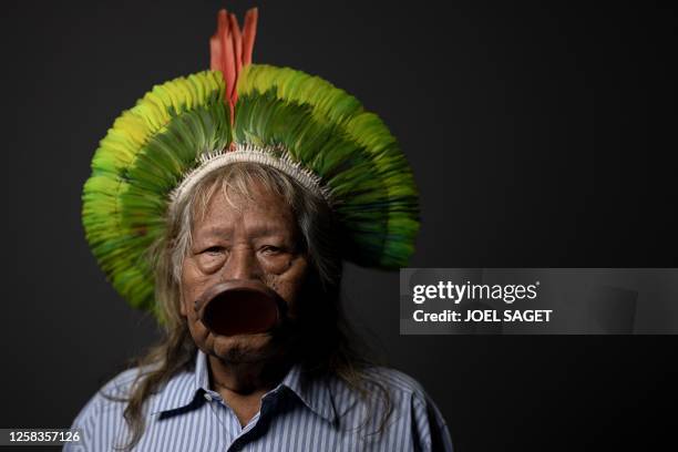 Indigenous leader Cacique Raoni Metuktire of the Kayapo tribe poses during a photo session in Paris, on June 1, 2023.