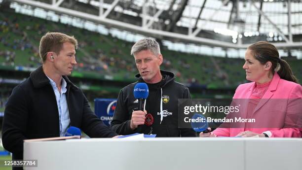 Dublin , Ireland - 20 May 2023; La Rochelle head coach Ronan O'Gara, right, with RTE analyst Jerry Flannerys and Fiona Coghlan before the Heineken...