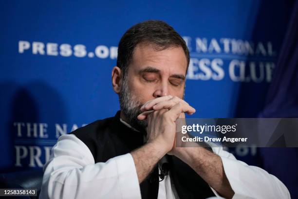 Indian opposition leader Rahul Gandhi pauses while listening to a question at the National Press Club on June 1, 2023 in Washington, DC. Gandhi is on...